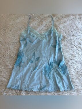Vintage Y2K Victoria's Secret Satin Lace Mini Slip Dress Blue Floral Slit Size S